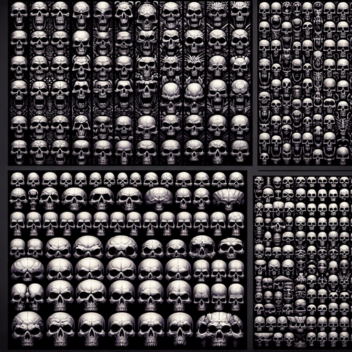 a collection of skulls arranged in horizontal rows.
Single Game Texture.  In-Game asset.  2d.  Blank background.  High contrast.  No shadows