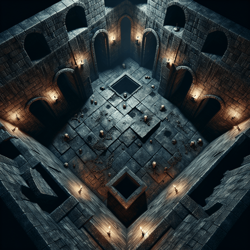 A dark, stone-walled dungeon chamber viewed directly from above. The floor is uneven with scattered bones and chains. Each wall has an entrance centered in the middle, like arched doorways, positioned on the top, bottom, left, and right sides. The room fills the entire frame, with torch-lit ambiance..
Full-frame, top-down view of a stone-walled dungeon chamber. Uneven floor, bones, chains, torch lighting. Open, arched entrances centered on each wall: top, bottom, left, and right. No 3D perspective, even lighting.