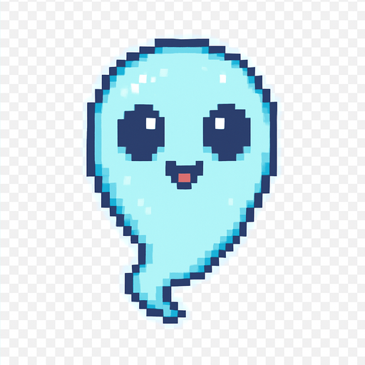 El fantasma debe tener un diseño amigable y en estilo pixel art, con cuerpo flotante de forma ovalada o en forma de gota invertida, color blanco o celeste pálido con bordes suaves y contorno oscuro para resaltar; su cara debe incluir ojos grandes y redondos con expresión simpática o curiosa, y una boca pequeña en forma de sonrisa o círculo; puede tener una animación sutil de flotación vertical, como si levitara suavemente en el aire, y opcionalmente incluir detalles como un leve brillo, transparencia o una colita ondeante en la parte inferior; el fondo debe ser transparente, y su estilo visual debe encajar en un mundo colorido y casual..
In-Game asset.  2d.  High contrast.  No shadows