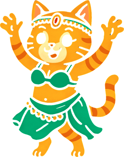 dansöz kıyafetli ayakta duran elleri havada dans eden bir kedi.
In-Game asset.  2d.  High contrast.  No shadows