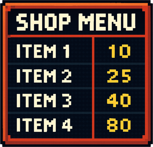 shop written menu tabela pixel.
In-Game asset.  2d.  High contrast.  No shadows