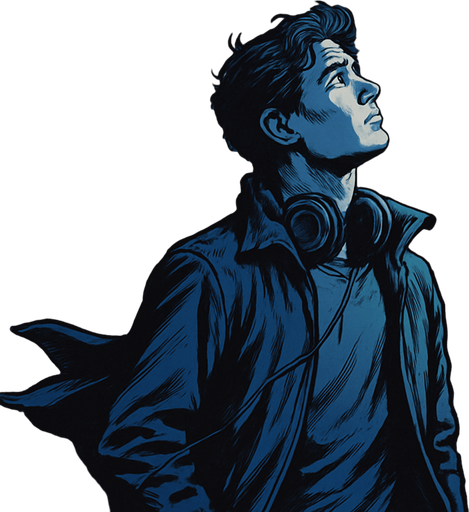 2048x2048, realistic comic style. Night sky on a rooftop, Noah gazes at the stars with headphones around his neck. Gentle wind flutters his jacket. Deep blue, nostalgic color tones. Add a transparent narrator box at the top-center with the text: "But echoes never truly die...".
In-Game asset.  2d.  High contrast.  No shadows