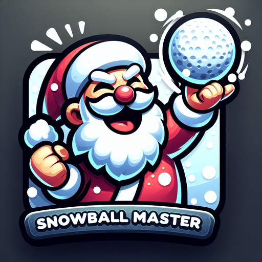 Icon for santa throwing a snowball, cartoon, with the text: „Snowball Master“ at top Single Game Texture. In-Game asset. 2d. Blank background. High contrast. No shadows.