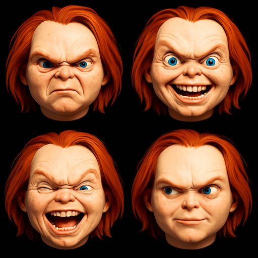 3D Scary and funny face meme chucky. different faces look. face only
In-Game asset.  3D.  High contrast.  No shadows. face only