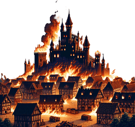 pixel art dramatic epic medieval village castle burning bad day.
Single Game Texture.  In-Game asset.  2d.  Blank background.  High contrast.  No shadows