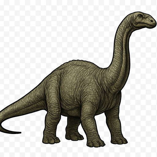 A large, realistic Apatosaurus dinosaur depicted in a neutral standing pose on a transparent background. It has a long, thick neck and a massive, sturdy body covered in textured grayish-green scales. The dinosaur’s skin shows wrinkles and subtle roughness, with detailed muscle structure beneath. Its long tail extends straight behind, balancing the heavy body. The head is small compared to its body, with gentle eyes and a blunt snout. The overall look is calm but powerful, emphasizing the enormous size and strength of this giant herbivore..
In-Game asset.  2d.  High contrast.  No shadows