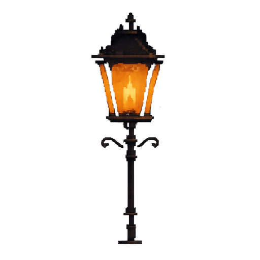 a lit street lamp in the night, candle kind of light inside, nostalgic, retro pixel style..
In-Game asset.  2d.  High contrast.  No shadows