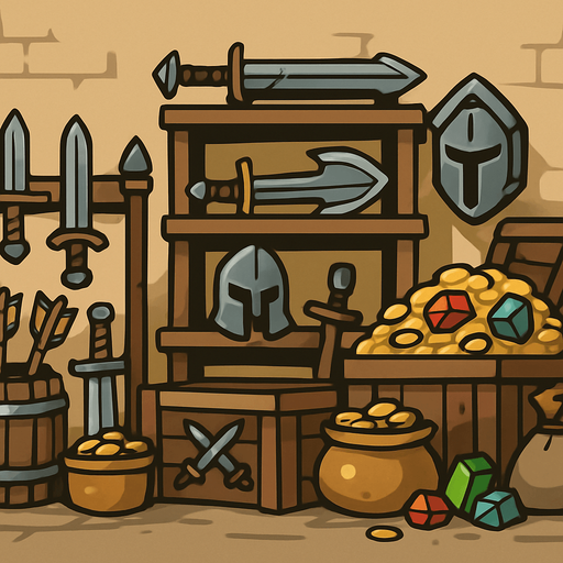 Eski kılıçlı silahlar ve cevherlerin vs. olduğu uzaktan bakış depo alanı..
In-Game asset.  2d.  High contrast.  No shadows