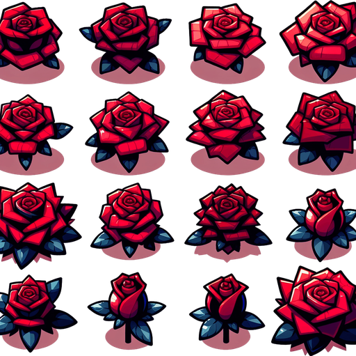 A sprite sheet of different red roses seen from above. Cartoon. All similar size. Just the blossom. Bold colors and shading. 
Single Game Texture. In-Game asset. 2d. Blank background. High contrast. No shadows.