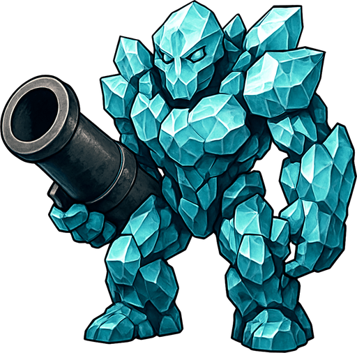 un golem de cristal muy realista con un cañon en la mano.
In-Game asset.  2d.  High contrast.  No shadows