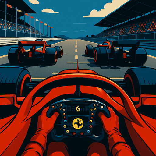 formula 1 start line Only two vehicles in front (from the driver's perspective inside the car).(Don't let the lights show) in the ferrari car. (look like a quality animation)
. High contrast.