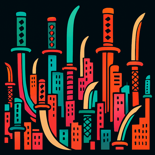 A Katana City.
In-Game asset.  2d.  High contrast.  No shadows