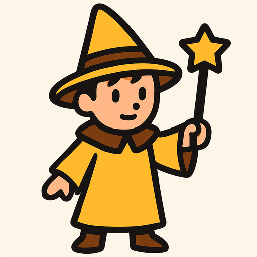 Mago con sombrero amarillo y marrón sin barba con varita con estrella sin barba, de cuerpo entero.
In-Game asset.  2d.  High contrast.  No shadows