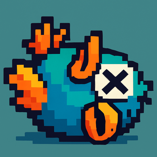 A pixel art version of the same bird character shown in a defeated state, designed for a 2D side-scrolling game. The bird appears to be falling downward or lying upside down, with closed or X-shaped eyes and limp wings. Its beak might be slightly open, and its posture should suggest that it is unconscious or dead. The overall style should remain cute and cartoonish, fitting the retro pixel art theme, but clearly indicate that the bird is no longer alive.