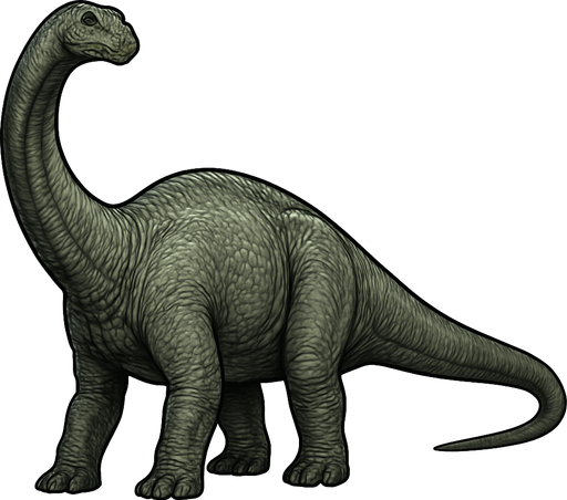 A large, realistic Apatosaurus dinosaur depicted in a neutral standing pose on a transparent background. It has a long, thick neck and a massive, sturdy body covered in textured grayish-green scales. The dinosaur’s skin shows wrinkles and subtle roughness, with detailed muscle structure beneath. Its long tail extends straight behind, balancing the heavy body. The head is small compared to its body, with gentle eyes and a blunt snout. The overall look is calm but powerful, emphasizing the enormous size and strength of this giant herbivore..
In-Game asset.  2d.  High contrast.  No shadows