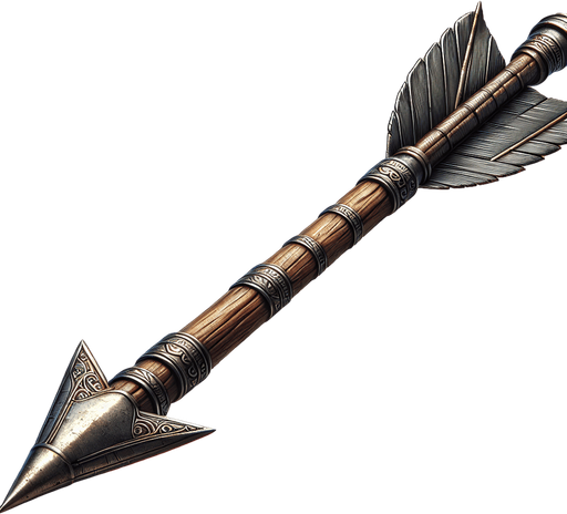 A horizontal handcrafted medieval arrow with a sharp metal tip, sturdy wooden shaft, and feather fletching for stability.
Game asset. Horizontal. Handcrafted look with metallic tip and feather details. High contrast and ready for action.
