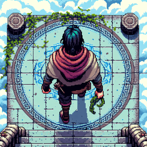 Directly overhead, plumb view of a beggar heading top (we see his back)..
Zenith view, directly overhead, plumb view. NOT PERSPECTIVE! Fantasy theme. Pixel art