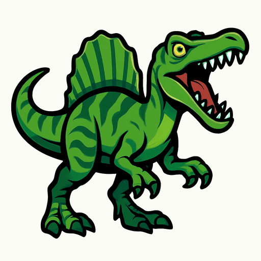 Spinosaurus, yeşil, ağzı açık.
In-Game asset.  2d.  High contrast.  No shadows