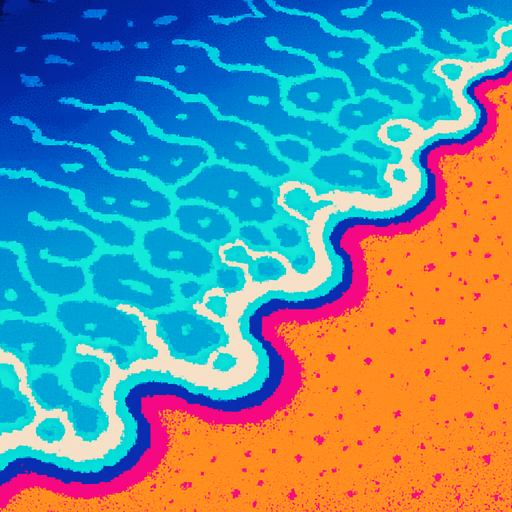 Top down view of a shallow wave water on a beach shore..80s arcade machine graphics. 

In-Game asset.  2d.  High contrast.  No shadows