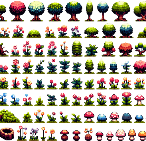 Create a sprite sheet featuring various forest landscape elements, including flowers, small hills, dug holes, mushrooms, trees, bushes, and rocks. Each element should be designed in a detailed pixel art style, reminiscent of classic 32-bit era video games. Ensure that the colors are vibrant and natural, with each element distinctly recognizable. The flowers should have a variety of colors and shapes, the hills should have gentle slopes, the holes should look freshly dug, the mushrooms should be varied in size and color, the trees should have detailed bark and lush canopies, the bushes should be dense with leaves, and the rocks should have texture and shading. Arrange the elements on a neutral background, with each item neatly aligned in rows and columns for easy identification and use in game development..
Single Game Texture. In-Game asset. 2d. Blank background. High contrast. No shadows.