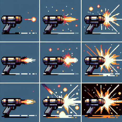 Create a series of pixel art images depicting a blaster shot. The blaster shot should be represented by a small, glowing projectile with a trail of smoke or sparks. The animation should consist of eight frames and loop continuously. Use a limited color palette of 16 colors or less, simple shapes and lines, and transparency for a seamless background. Employ standard pixel art techniques like dithering and anti-aliasing.
Bright flash, sizzling sound, swift arc, fading glow.