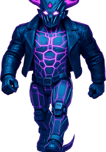 Black leather biker jacket longsleeves bare segmented neon cyberpunk pecs abs muscles robot monster hunk Neon cyberpunk 3d hologram corporate occult demon android mecha robot sentinel guard soldier machine monster fully in frame no part cut off no background anime futuristic Background removed, "Full-body character, entirely in frame, no cropping of face, head, or feet" "Complete character visible, from head to toe, fully centered in the image" "Entire character, including face and boots, fully within the frame" Character fully contained within a square frame, no edges cut off  horns through boots Walking animation forward