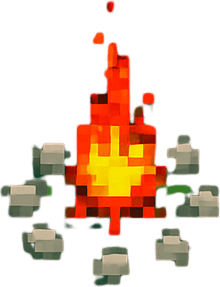 Kamp ateşi ve etrafındaki taşlar daha küçük olsun ve harita daha büyük olsun(daha da yukarıdan bakıyormuş gibi)