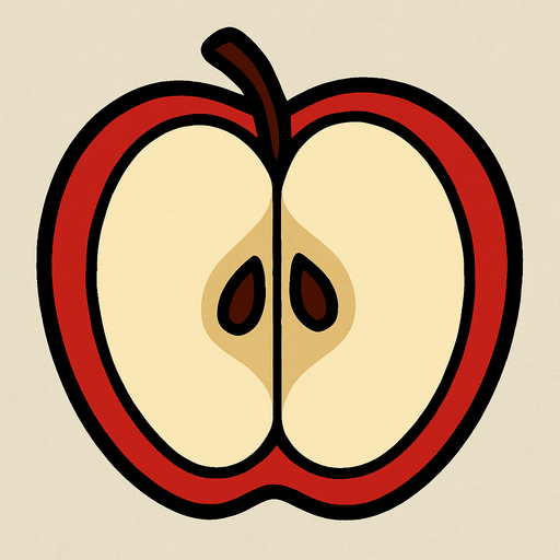 Manzana Fruta cortada a la mitad.
In-Game asset.  2d.  High contrast.  No shadows. Cartoon.