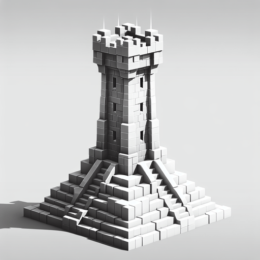 A turret tower constructed out of square ice blocks. Front view perspective. Single Game Texture. In-Game asset. 2d. Blank background. High contrast. No shadows.