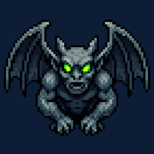 um gárgula voador com olhos brilhantes, pixel 32bits art style, vista aerea frontal.
In-Game asset.  2d.  High contrast.  No shadows