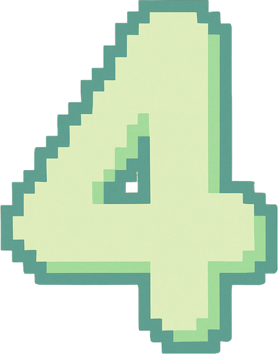 A pixel art number "4" designed for a cozy, cute retro 2D game UI with a bird theme. The number is rendered in soft pastel light green tones to harmonize with the gentle and sweet aesthetic of the game. It has a clean, simple, and rounded pixel style with no harsh edges, fitting perfectly within the pixel art UI style. The number is bold and easily readable at small sizes..
In-Game asset.  2d.  High contrast.  No shadows. pixel art. retro. 2d ui. number. pastel light green. simple. rounded edges. bold. cute. minimal