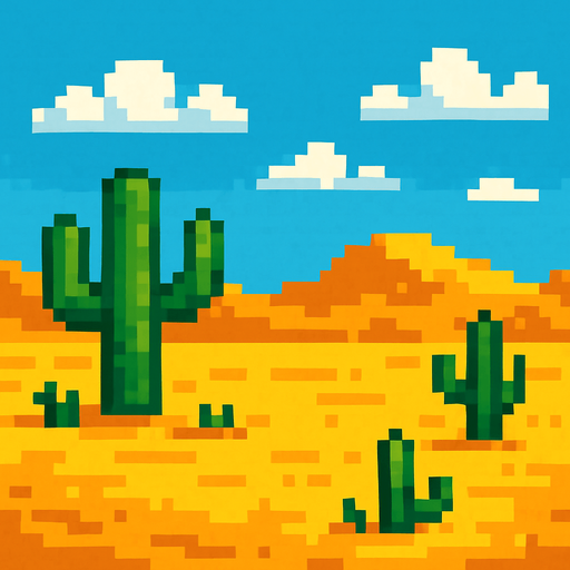 Make a 2D image of a pixelated desert.
In-Game asset.  2d.  High contrast.  No shadows
