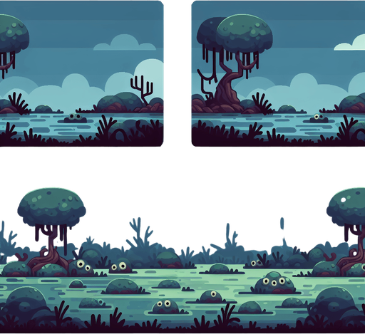 Cartoon tileable swamp background, dark
Single Game Texture. In-Game asset. 2d. Blank background. High contrast. No shadows.