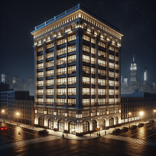 Photorealistic office house at New york night from front view.