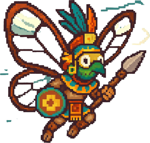 Generame un guerrero azteca con patrones, estilo pixelar, además será una Mariposa alas de vidrio (Greta oto), unidad voladora con alas, con efectos de viento. Tiene que ser un animal..
In-Game asset.  2d.  High contrast.  No shadows