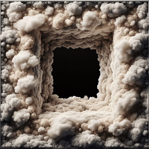frame made of cozy clouds, it fill the complete screen, in the center is black only, on black background