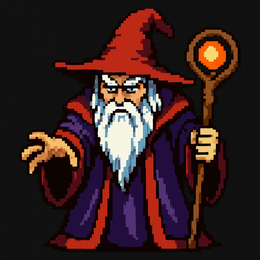 pixel art old wizard boss.
In-Game asset.  2d.  High contrast.  No shadows
