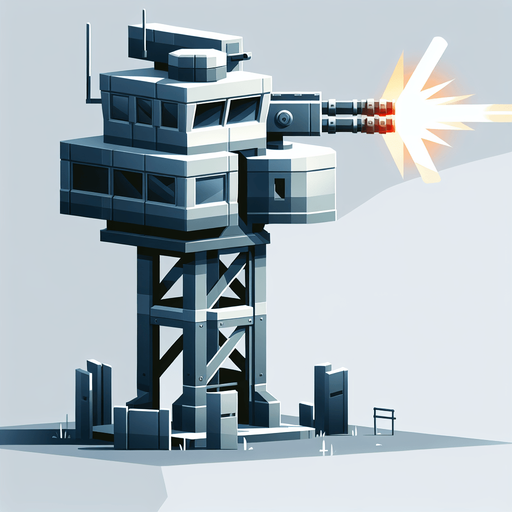 A tower shooting at enemy in a modern style Single Game Texture. In-Game asset. 2d. Blank background. High contrast. No shadows.