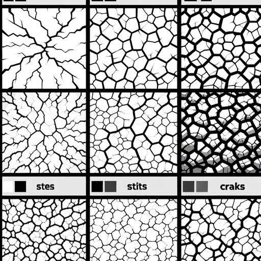 A sprite sheet of different crack patterns. Just the crack..
Single Game Texture. In-Game asset. 2d. Blank background. High contrast. No shadows.