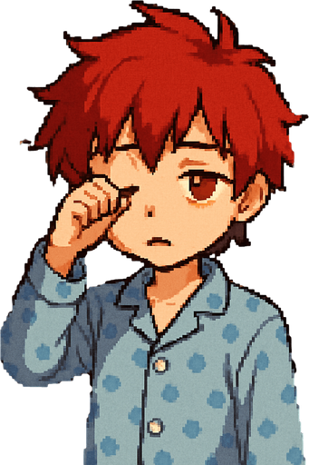 A cute, red-haired anime boy, 15 years old, with red eyes. He's in pajamas, looking sleepy, rubbing one eye with his hand. He's in his otaku-style bedroom. The scene is illustrated in Pixel Art style.