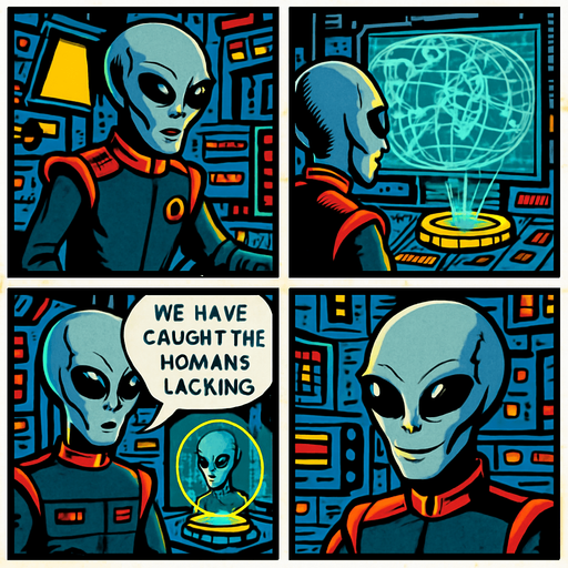 "Comic book style 4 panels of grey alien commander receiving transmission on holographic display showing Earth's internet infrastructure map,  text bubbles saying ' we have caught the humans lacking' , sci-fi comic book technology designs".
In-Game asset.  2d.  High contrast.  No shadows