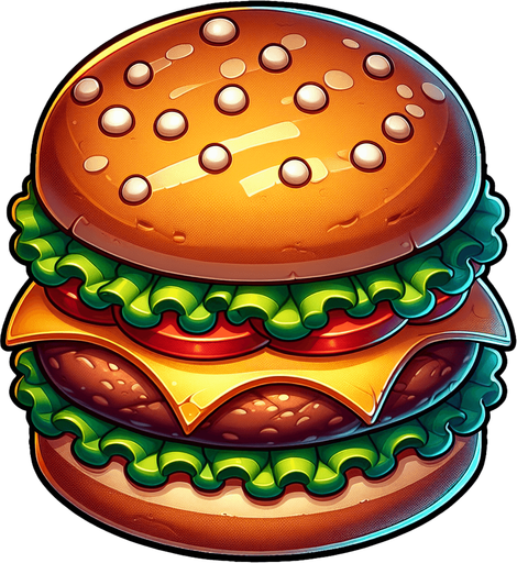 hamburger,2d,cartoon,blank background.
Single Game Texture.  In-Game asset.  2d.  Blank background.  High contrast.  No shadows