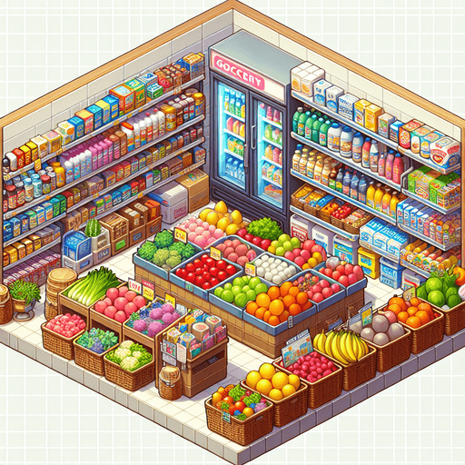 a grocery store.
Single Game Texture.  In-Game asset.  2d.  Blank background.  High contrast.  No shadows