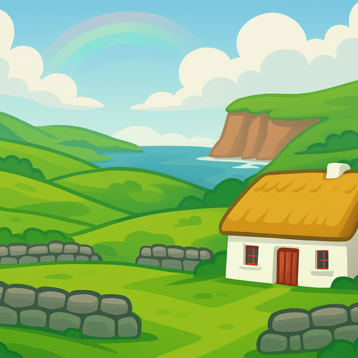 A 2D cartoon-style background inspired by the scenic countryside of Ireland. Include lush green rolling hills, stone fences, a small traditional Irish cottage with a thatched roof, and distant cliffs near the sea. Add a cloudy sky with a soft glow, and maybe a faint rainbow. Style it in vibrant, game-friendly vector or flat cartoon style. Perfect for a mobile music game featuring traditional Irish instruments. Export as a wide image (1920x1080) with no text or characters — just background..
In-Game asset.  2d.  High contrast.  No shadows