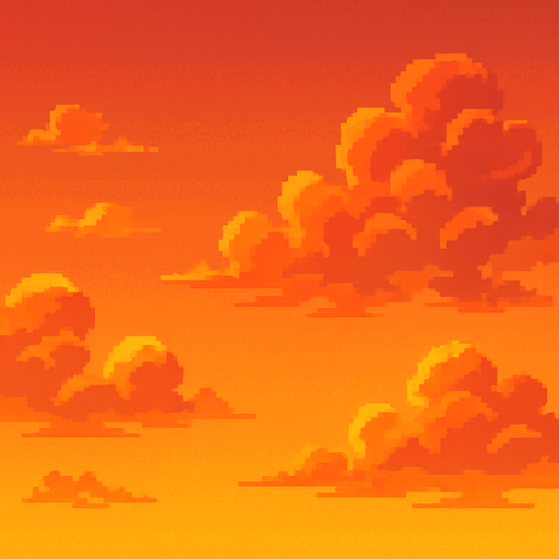 Sunset sky, orange and pink clouds, golden hour atmosphere, warm gradient background, 2D pixel art.
In-Game asset.  2d.  High contrast.  No shadows