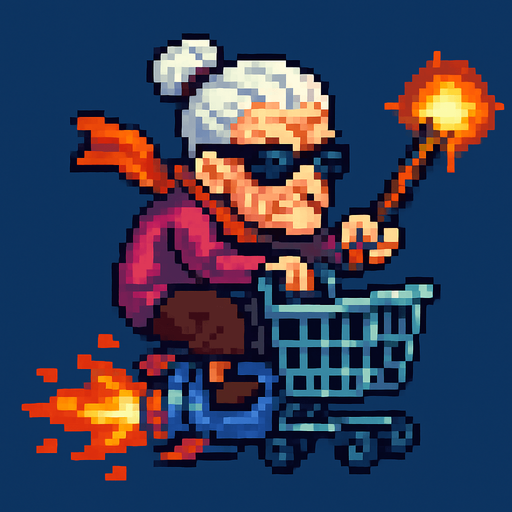 Pixel art sprite of a fierce old lady wearing sunglasses and a scarf, riding a rocket-powered shopping cart. She’s holding a glowing cane like a weapon. Side view, colorful retro 2D style.


PNG.
In-Game asset.  2d.  High contrast.  No shadows