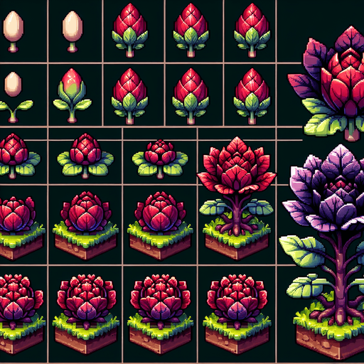 A spritesheet showing a pointed red cabbage plant in various stages of germantion and groth, from seed over sapling, to bloom and to full grown plant, and then the ripe cabbage. The sprites should be laid out in a rectangular grid with blank space between them.. Single Game Texture. In-Game asset. 2d. Blank background. High contrast. No shadows..
Single Game Texture. In-Game asset. 2d. Blank background. High contrast. No shadows.