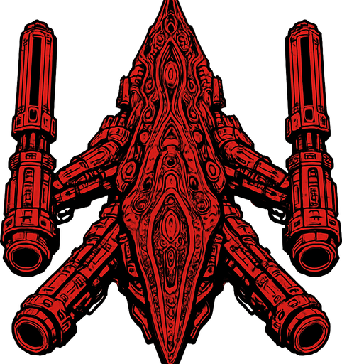 Giant bordeux ostentatious alien ship with ostentatious giant guns. Looking straightly down
In-Game asset.  2d.  High contrast.  No shadows