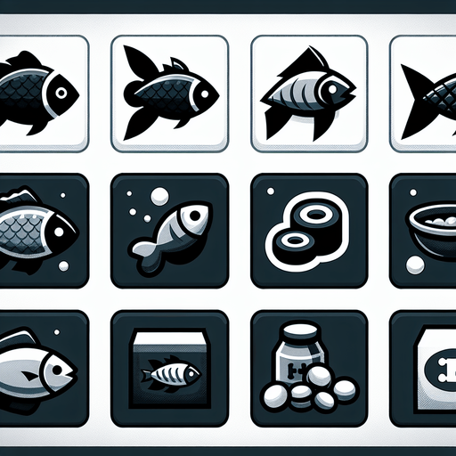 набор иконок в одном стиле. Иконка рыбы и корма для нее.
Single Game Texture.  In-Game asset.  2d.  Blank background.  High contrast