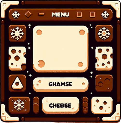 brown menu background, the frame is cheese, winter style Single Game Texture. In-Game asset. 2d. Blank background. High contrast. No shadows.